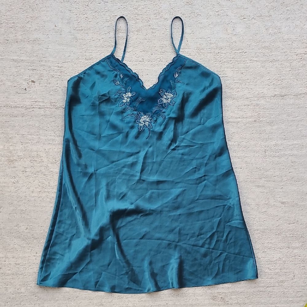 Teal Lace Floral Embroidered Slip Dress Large Chemise V Neck Sleepwear Lounge